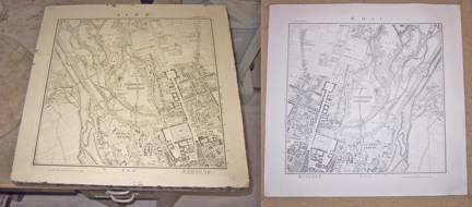 Lithographic stone is on the left with the negative image. Printed positive image is on the right.